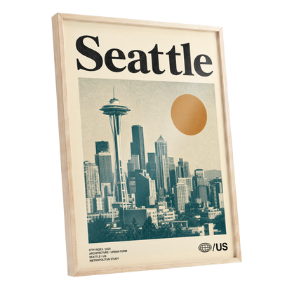 Seattle Sun Study, beige, green, gold minimalist wall art shown as a oak framed poster wall art print