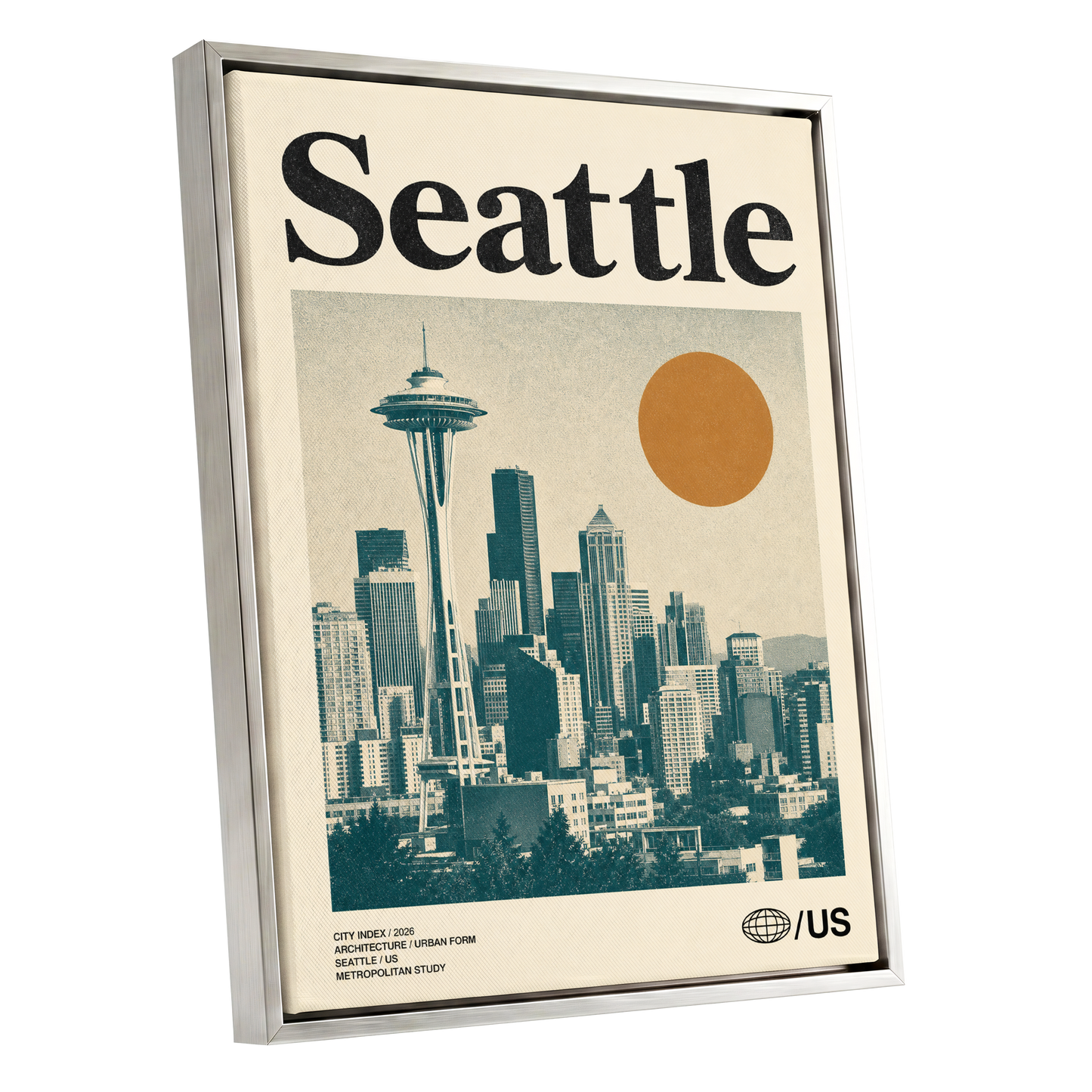 Seattle Sun Study, beige, green, gold minimalist wall art shown as a silver framed canvas wall art