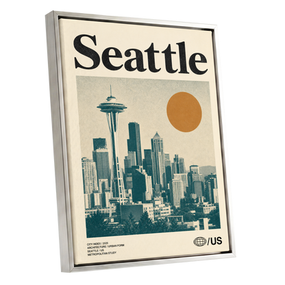 Seattle Sun Study, beige, green, gold minimalist wall art shown as a silver framed canvas wall art
