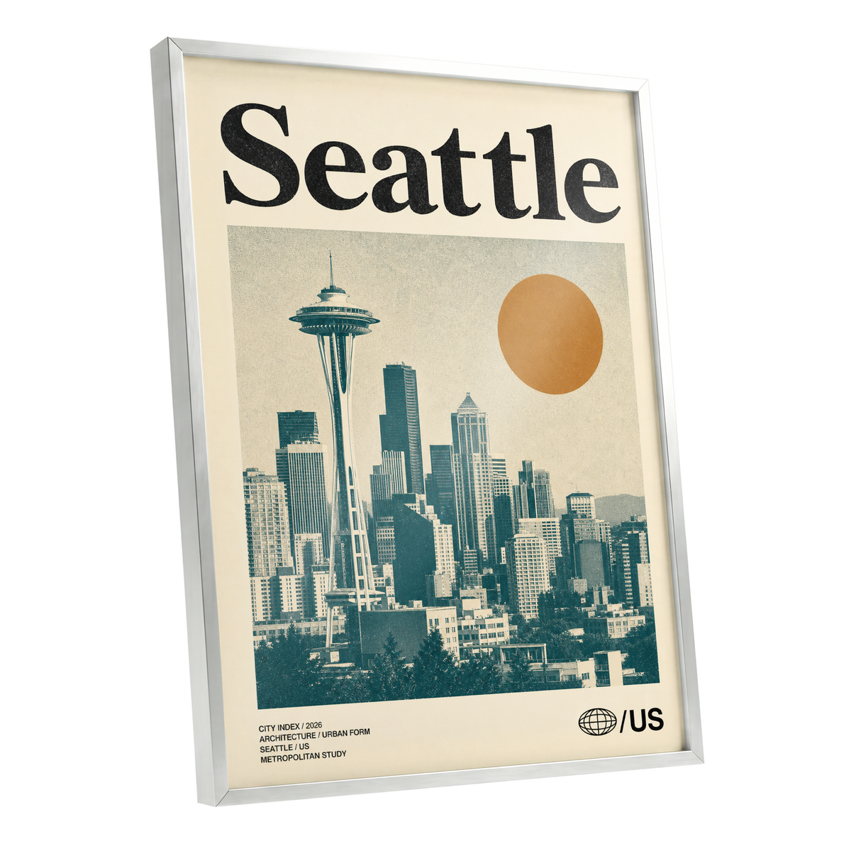 Seattle Sun Study, beige, green, gold minimalist wall art shown as a silver framed poster wall art print