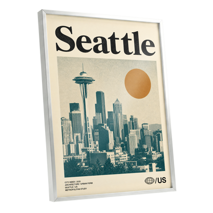 Seattle Sun Study, beige, green, gold minimalist wall art shown as a silver framed poster wall art print