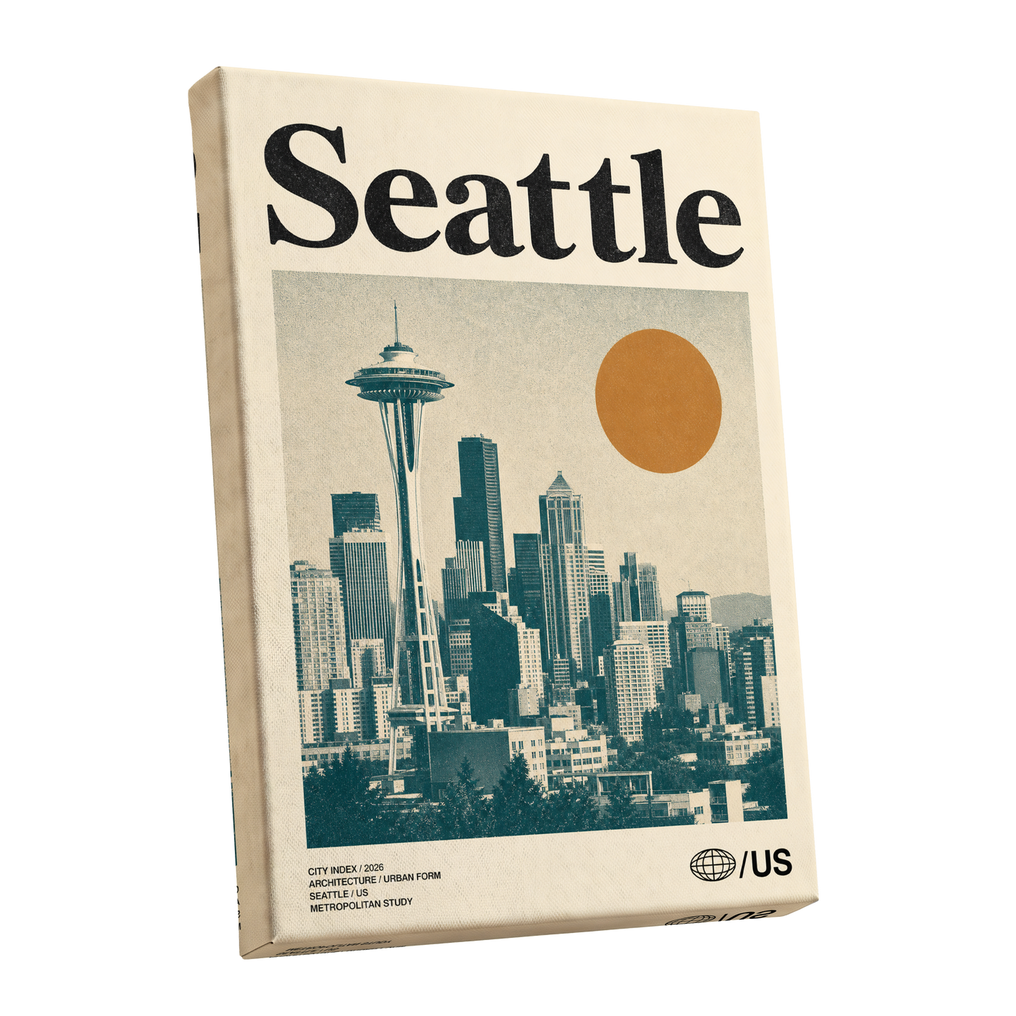 Seattle Sun Study, beige, green, gold minimalist wall art shown as a stretched canvas wall art