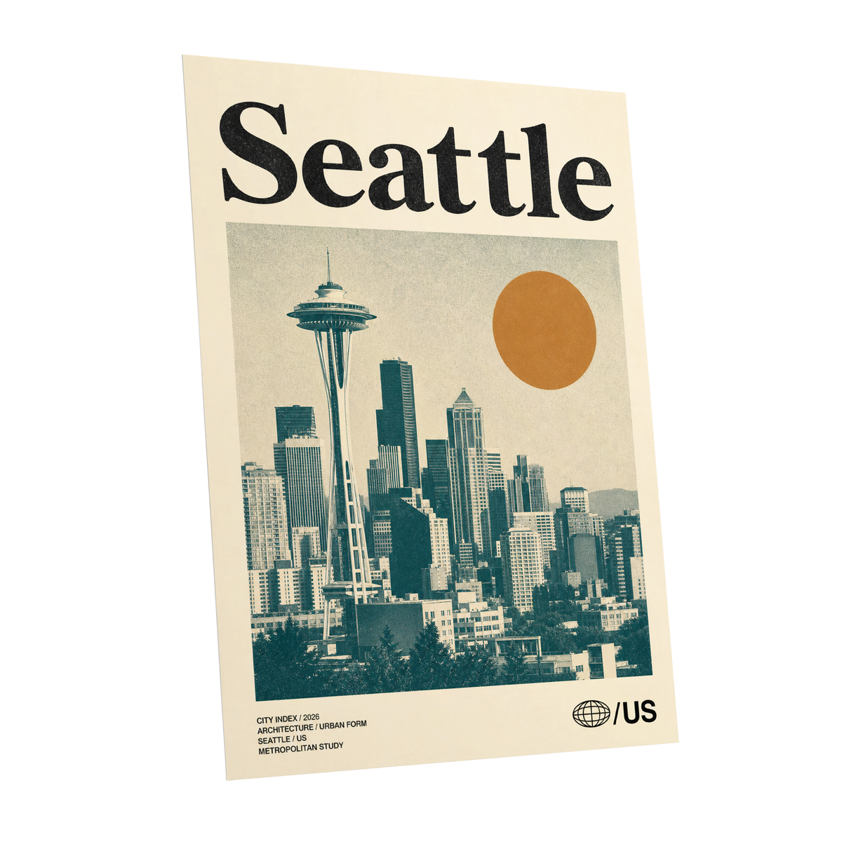 Seattle Sun Study, beige, green, gold minimalist wall art shown as a unframed poster wall art print