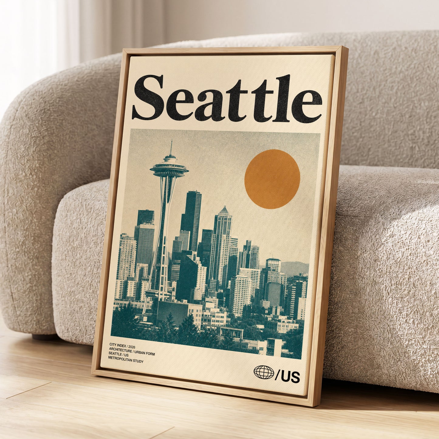 Seattle Sun Study, beige, green, gold minimalist wall art displayed in a styled interior, gallery view 1