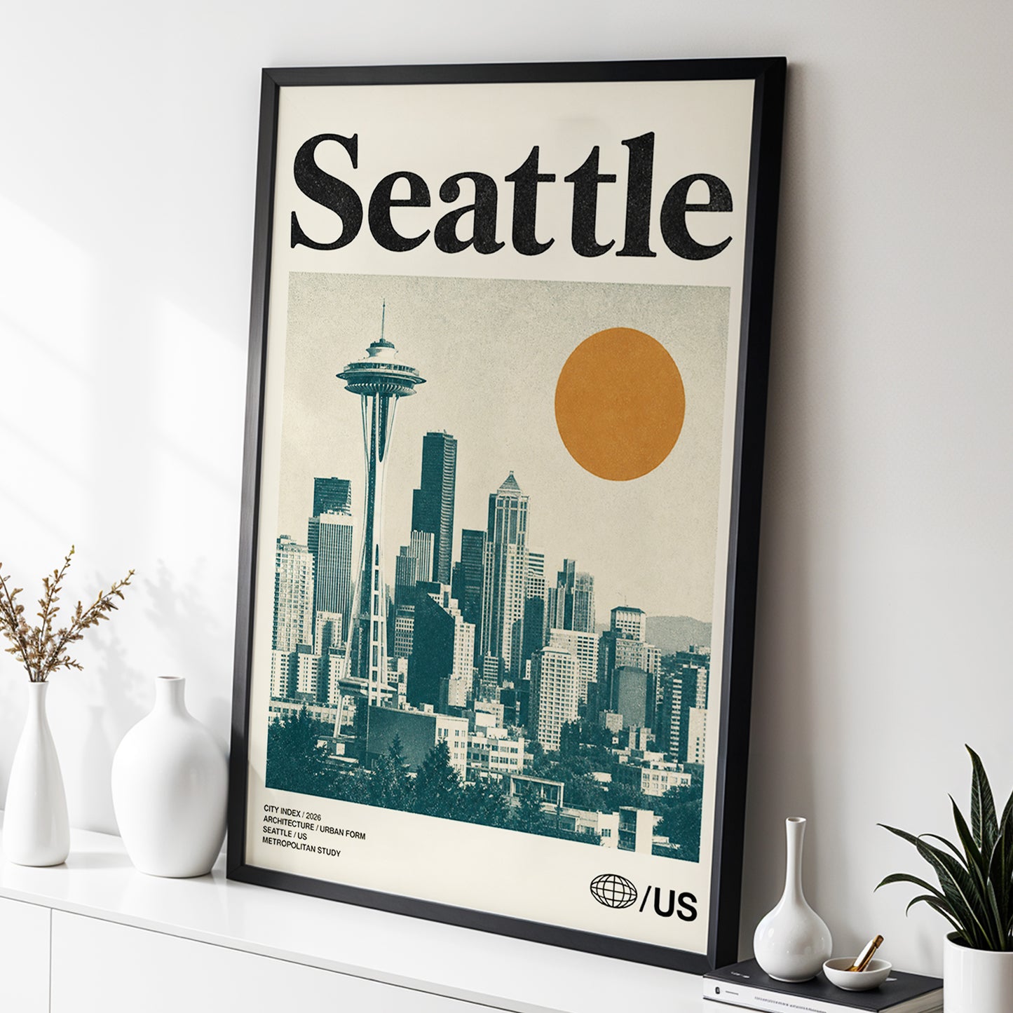 Seattle Sun Study, beige, green, gold minimalist wall art displayed in a styled interior, gallery view 2