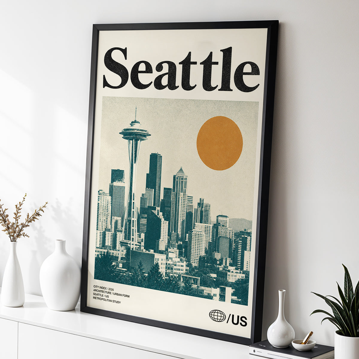 Seattle Sun Study, beige, green, gold minimalist wall art displayed in a styled interior, gallery view 2