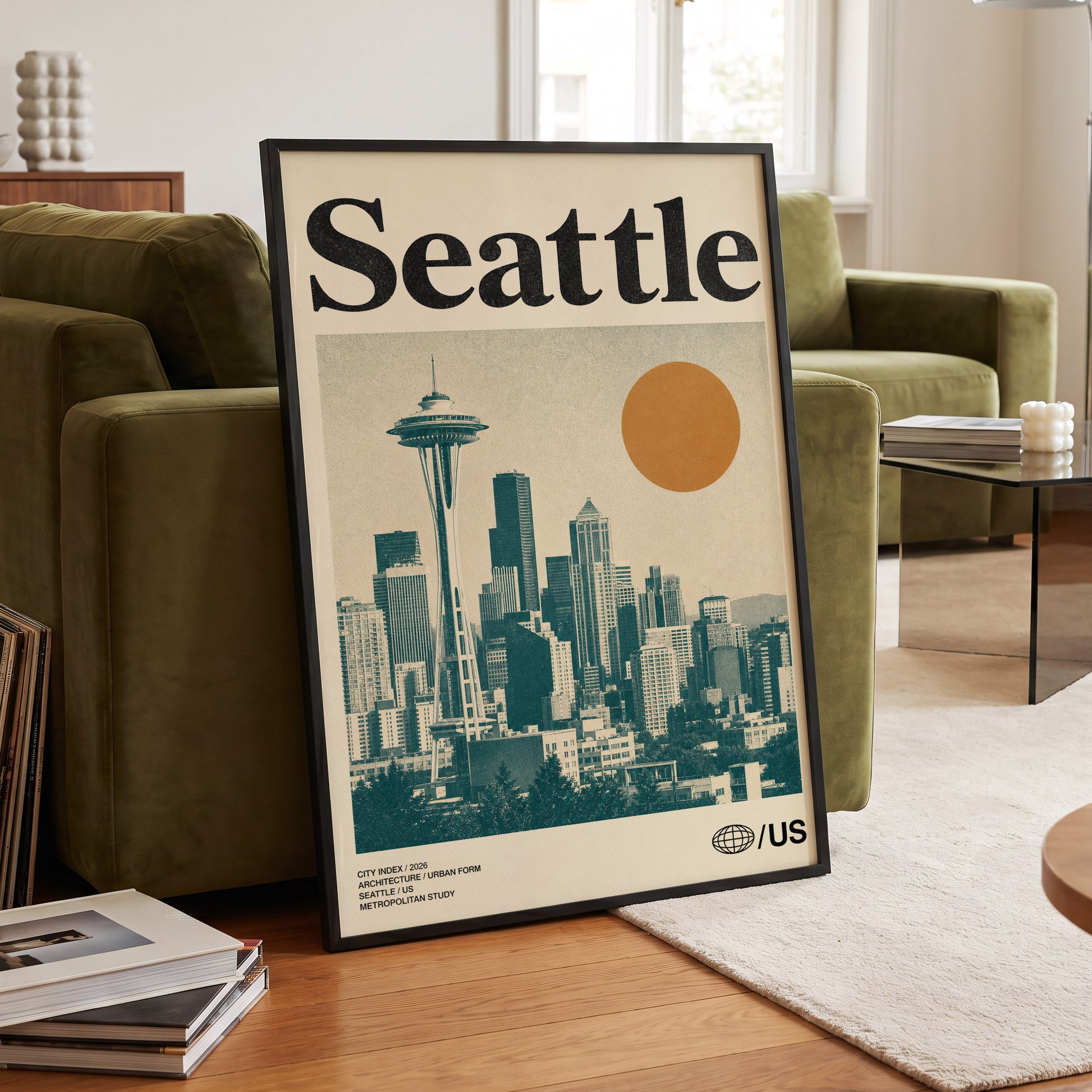 Seattle Sun Study, beige, green, gold minimalist wall art displayed in a styled interior, gallery view 6