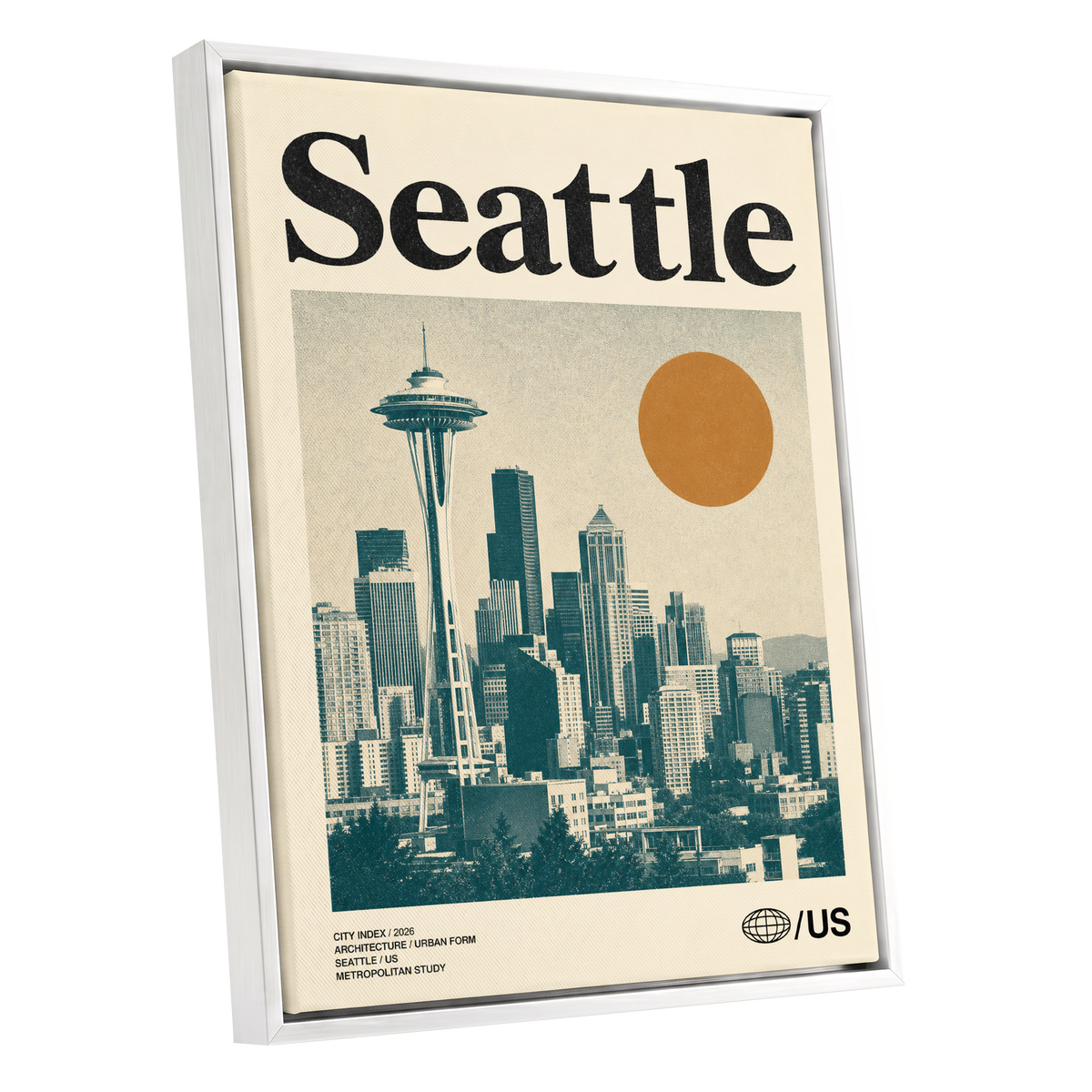 Seattle Sun Study, beige, green, gold minimalist wall art shown as a white framed canvas wall art
