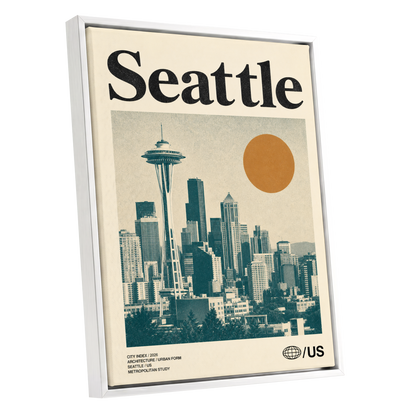 Seattle Sun Study, beige, green, gold minimalist wall art shown as a white framed canvas wall art