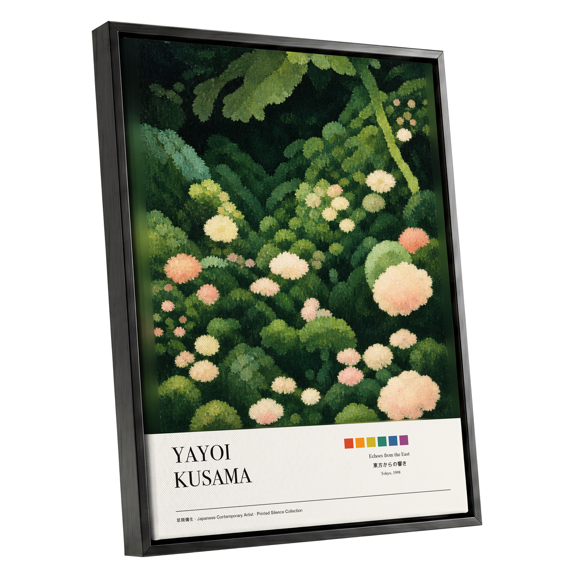 Secret Garden Echoes, green, beige, pink floral wall art shown as a black framed canvas wall art