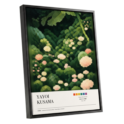 Secret Garden Echoes, green, beige, pink floral wall art shown as a black framed canvas wall art