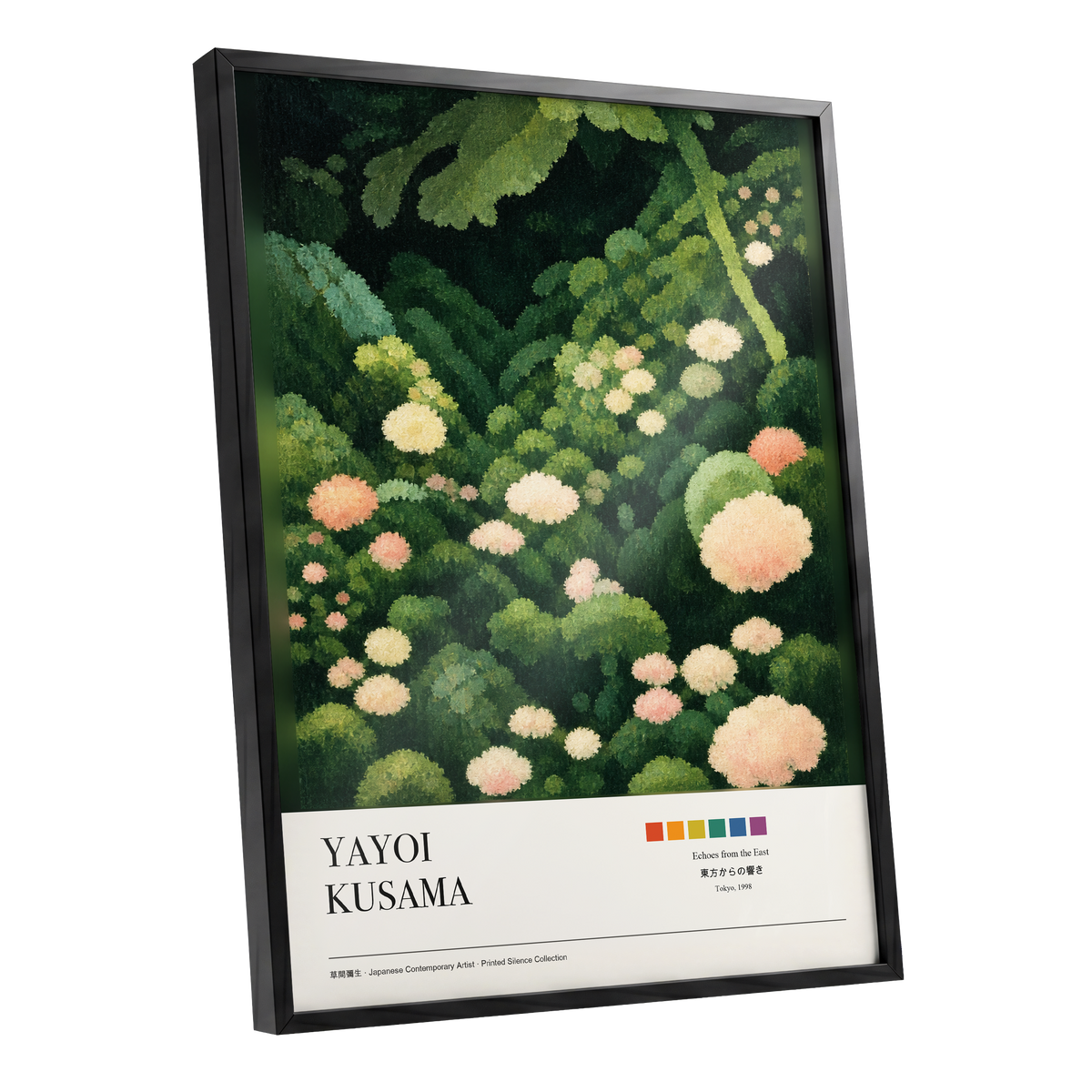 Secret Garden Echoes, green, beige, pink floral wall art shown as a black framed poster wall art print