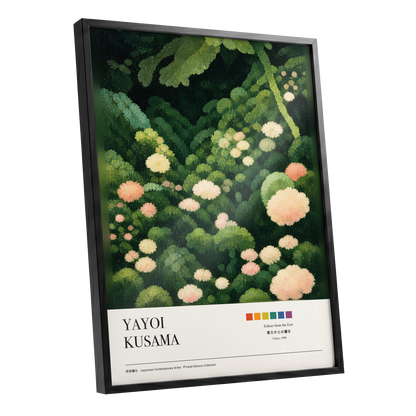 Secret Garden Echoes, green, beige, pink floral wall art shown as a black framed poster wall art print