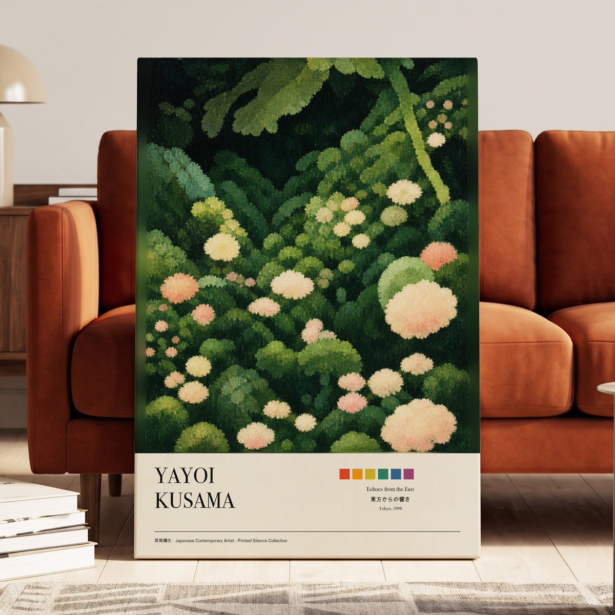 Secret Garden Echoes, green, beige, pink floral wall art on canvas displayed in a styled interior, gallery view 2