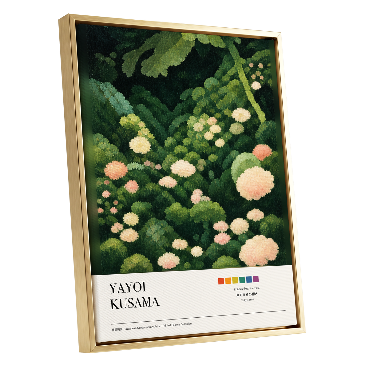 Secret Garden Echoes, green, beige, pink floral wall art shown as a gold framed canvas wall art