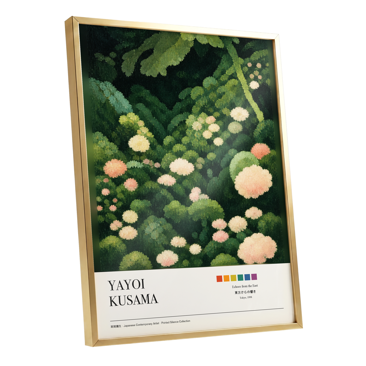 Secret Garden Echoes, green, beige, pink floral wall art shown as a gold framed poster wall art print