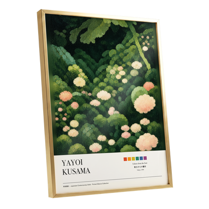 Secret Garden Echoes, green, beige, pink floral wall art shown as a gold framed poster wall art print