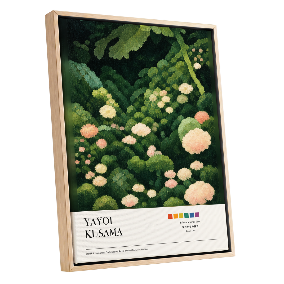 Secret Garden Echoes, green, beige, pink floral wall art shown as a oak framed canvas wall art