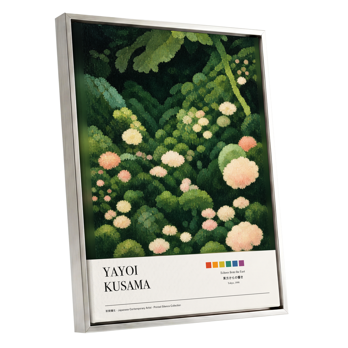 Secret Garden Echoes, green, beige, pink floral wall art shown as a silver framed canvas wall art