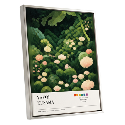 Secret Garden Echoes, green, beige, pink floral wall art shown as a silver framed canvas wall art