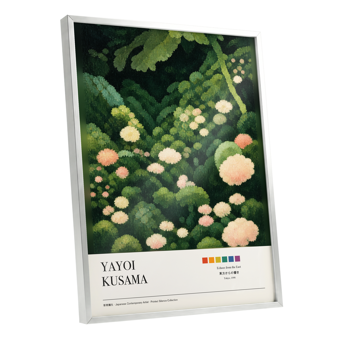 Secret Garden Echoes, green, beige, pink floral wall art shown as a silver framed poster wall art print
