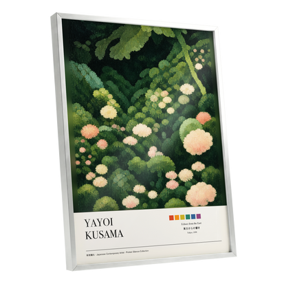 Secret Garden Echoes, green, beige, pink floral wall art shown as a silver framed poster wall art print