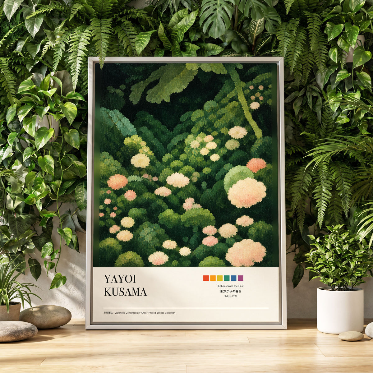 Secret Garden Echoes, green, beige, pink floral wall art displayed in a styled interior, gallery view 1