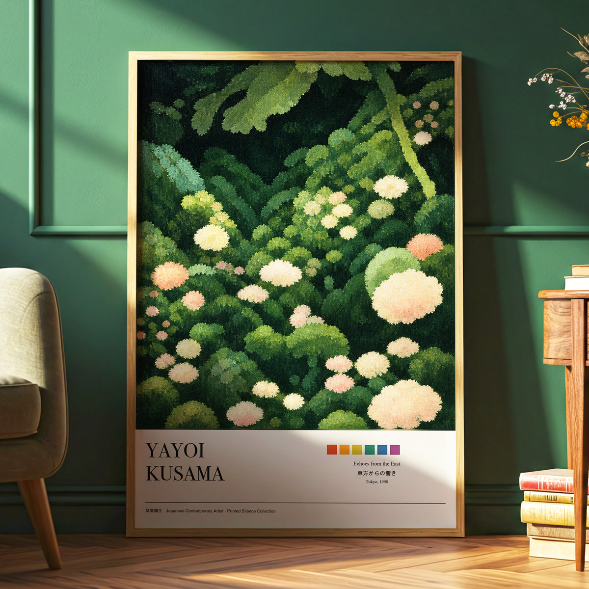 Secret Garden Echoes, green, beige, pink floral wall art displayed in a styled interior, gallery view 6