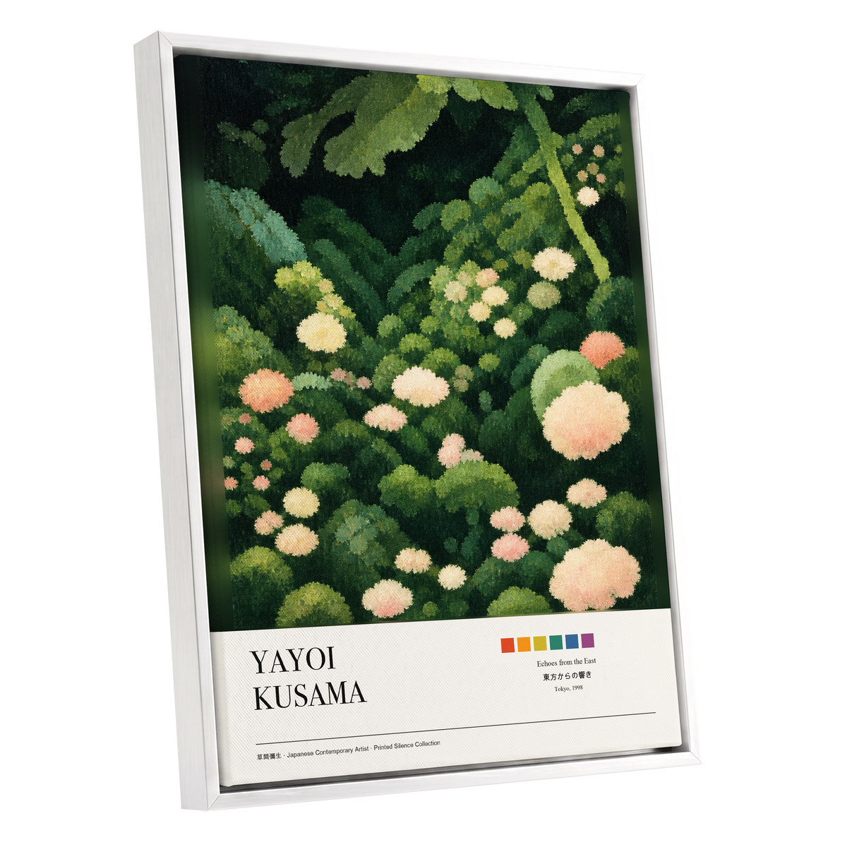Secret Garden Echoes, green, beige, pink floral wall art shown as a white framed canvas wall art