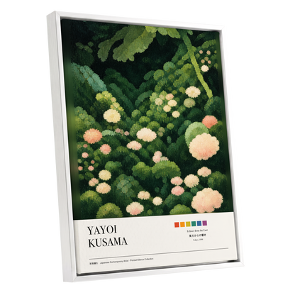 Secret Garden Echoes, green, beige, pink floral wall art shown as a white framed canvas wall art
