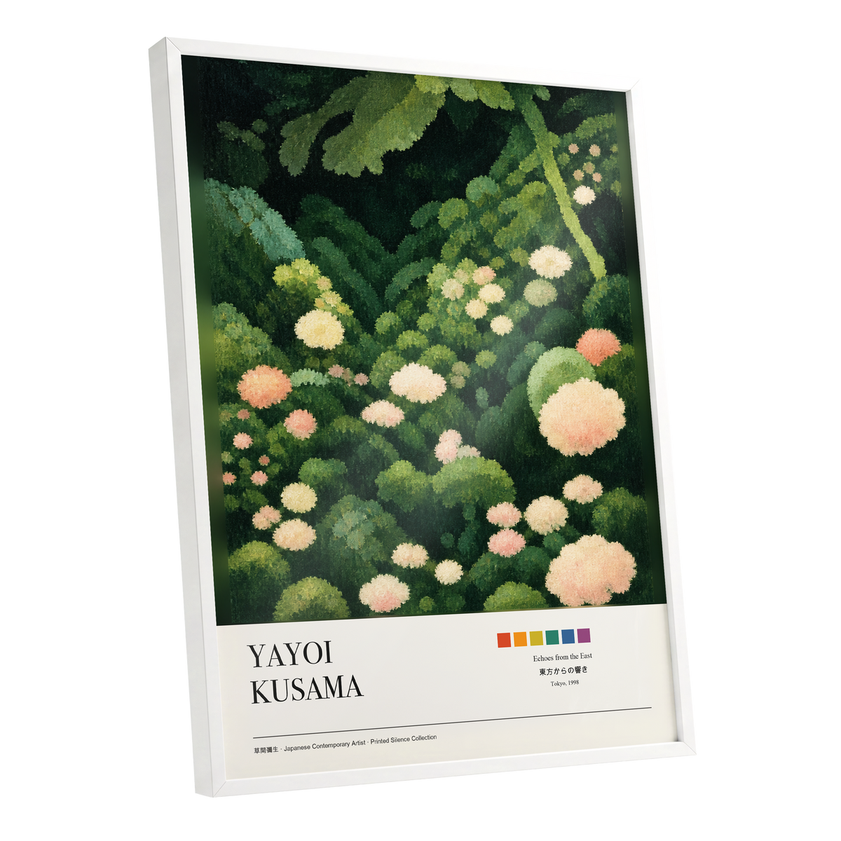 Secret Garden Echoes, green, beige, pink floral wall art shown as a white framed poster wall art print