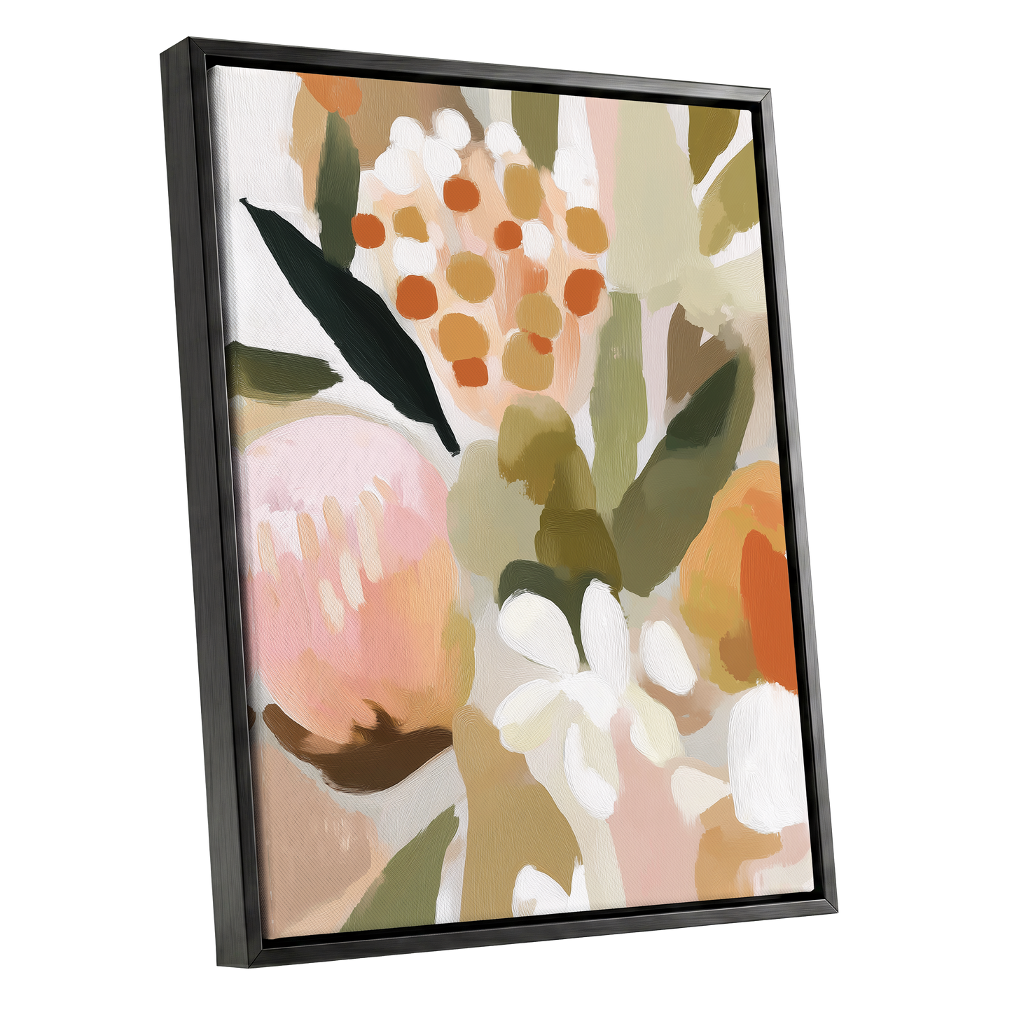 Seedheads and Soft Petals, pink, green, beige floral wall art shown as a black framed canvas wall art