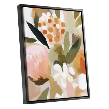 Seedheads and Soft Petals, pink, green, beige floral wall art shown as a black framed canvas wall art