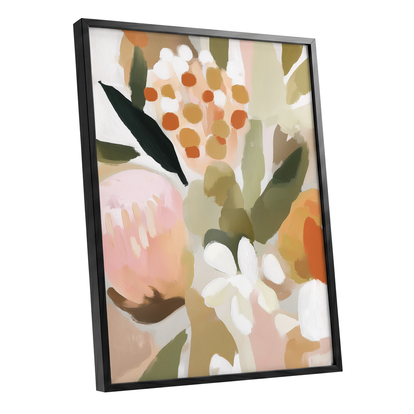 Seedheads and Soft Petals, pink, green, beige floral wall art shown as a black framed poster wall art print
