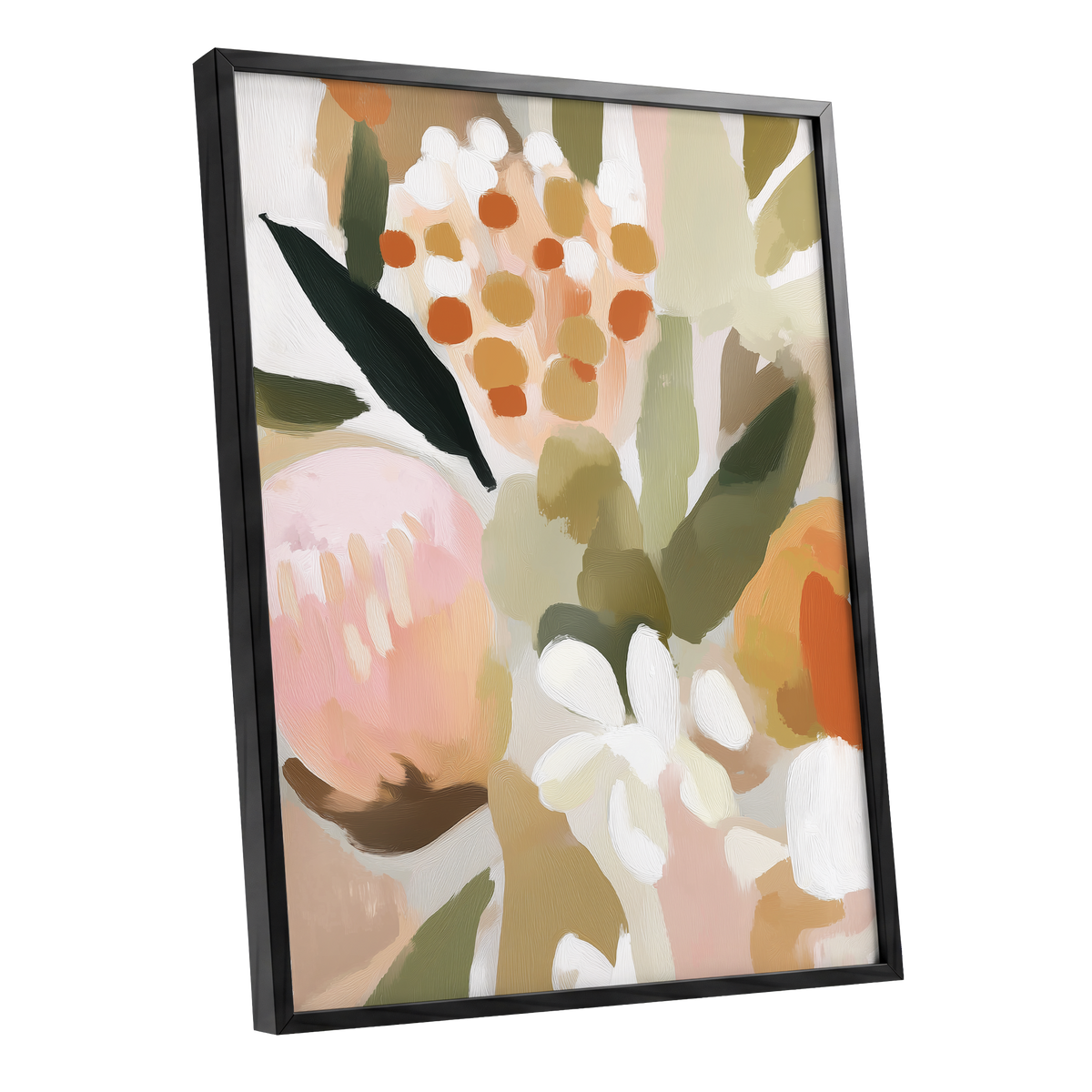 Seedheads and Soft Petals, pink, green, beige floral wall art shown as a black framed poster wall art print