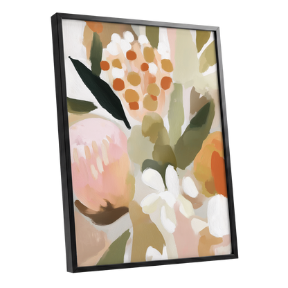 Seedheads and Soft Petals, pink, green, beige floral wall art shown as a black framed poster wall art print