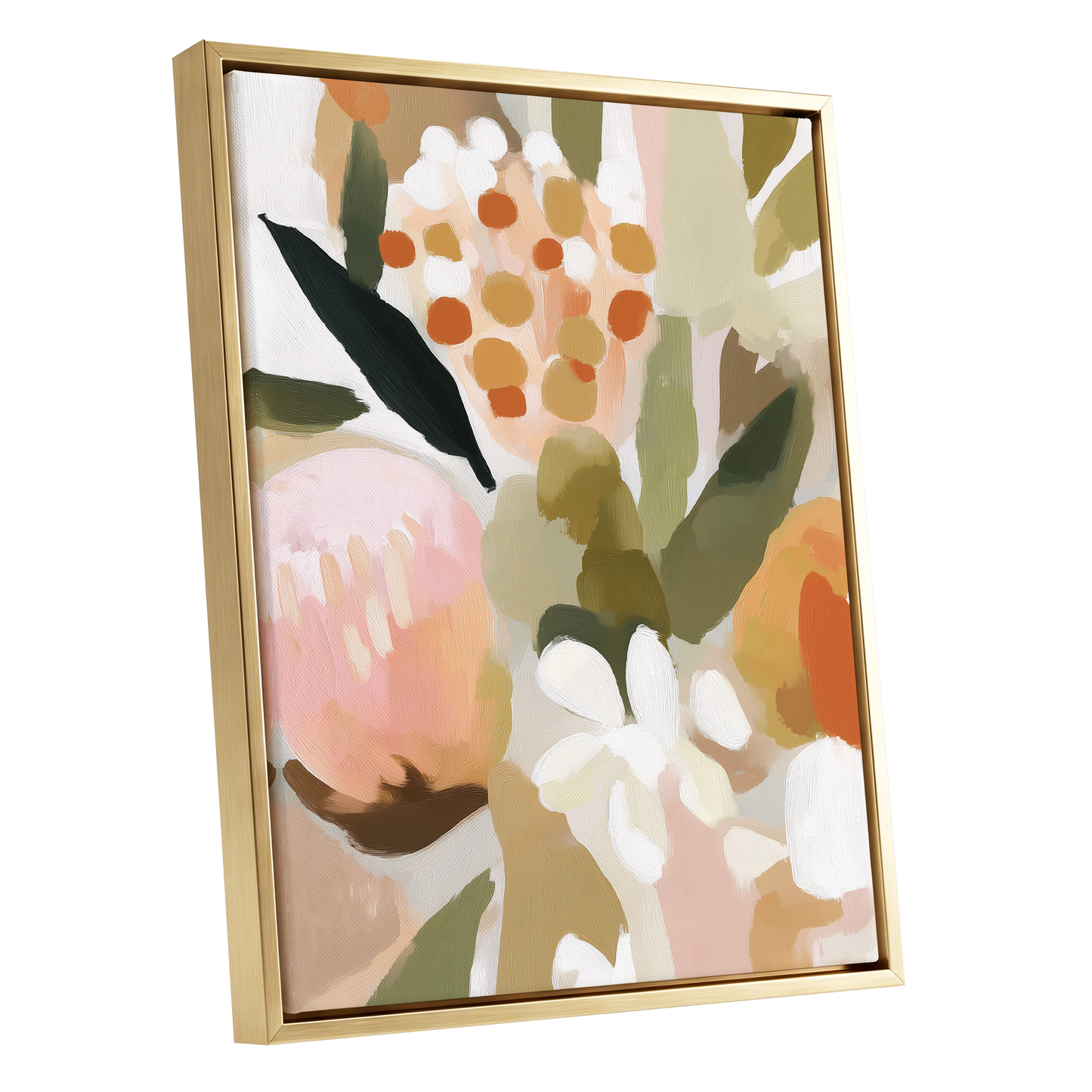 Seedheads and Soft Petals, pink, green, beige floral wall art shown as a gold framed canvas wall art