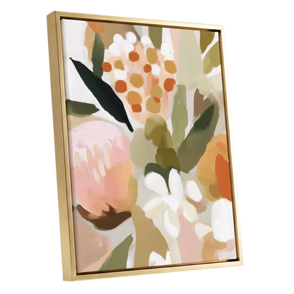 Seedheads and Soft Petals, pink, green, beige floral wall art shown as a gold framed canvas wall art
