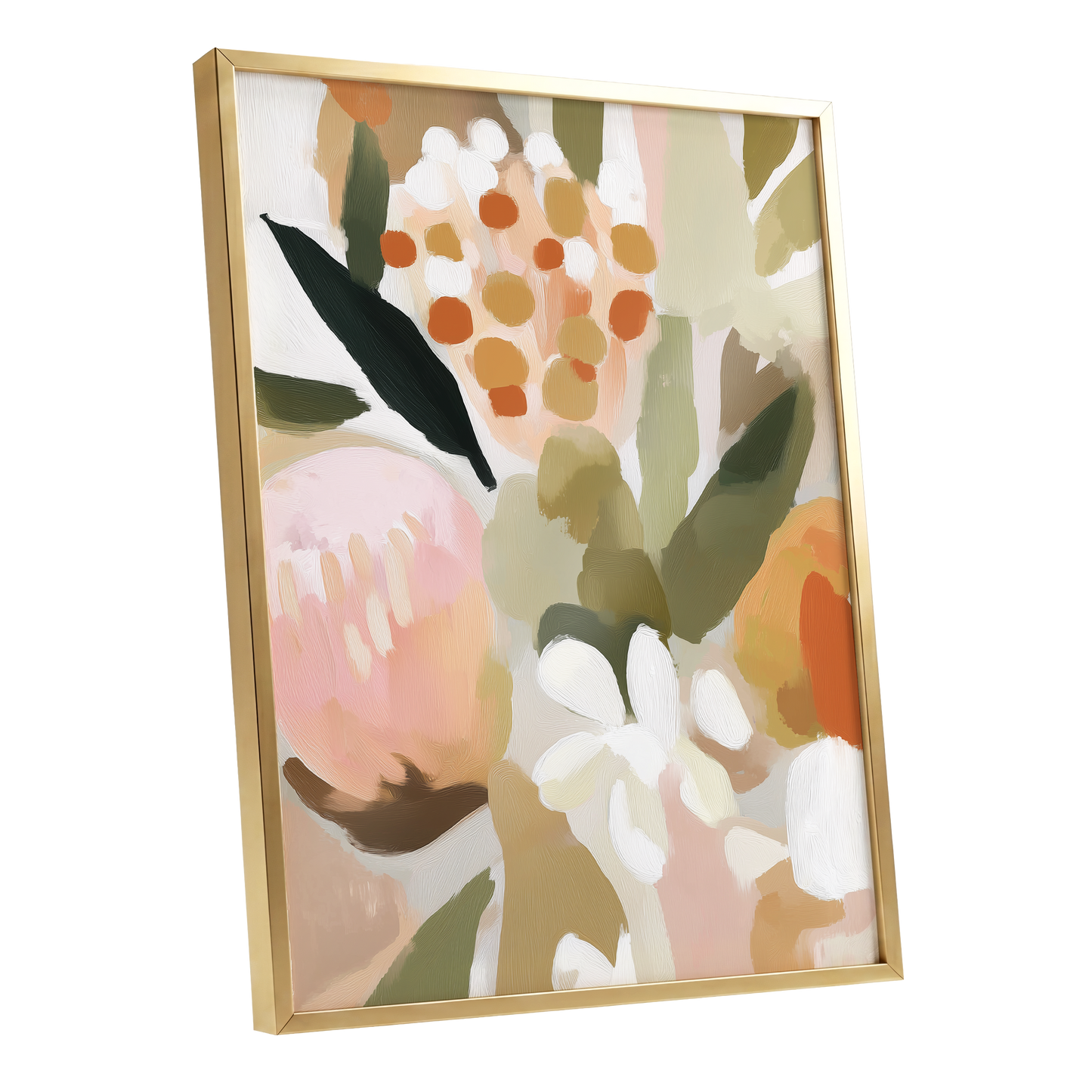 Seedheads and Soft Petals, pink, green, beige floral wall art shown as a gold framed poster wall art print