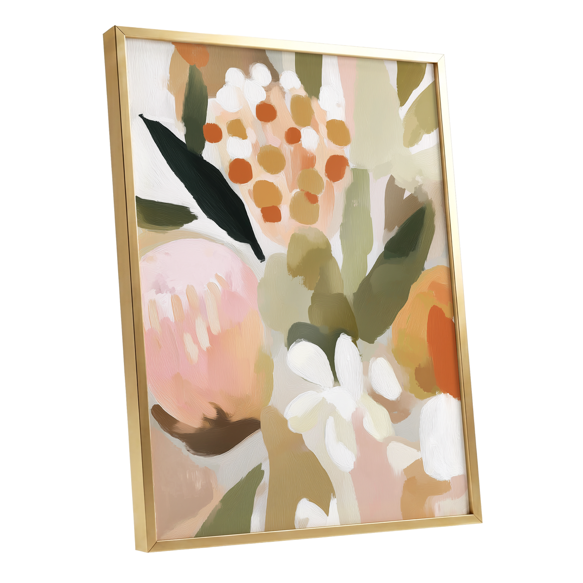 Seedheads and Soft Petals, pink, green, beige floral wall art shown as a gold framed poster wall art print