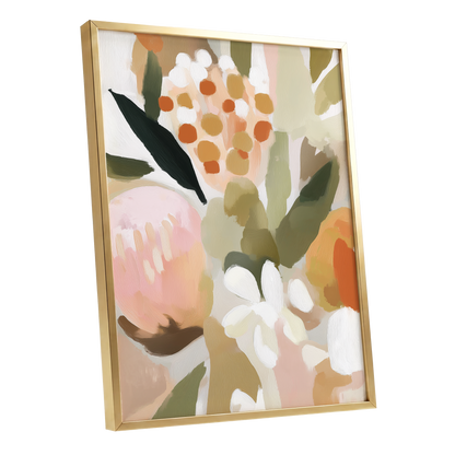 Seedheads and Soft Petals, pink, green, beige floral wall art shown as a gold framed poster wall art print