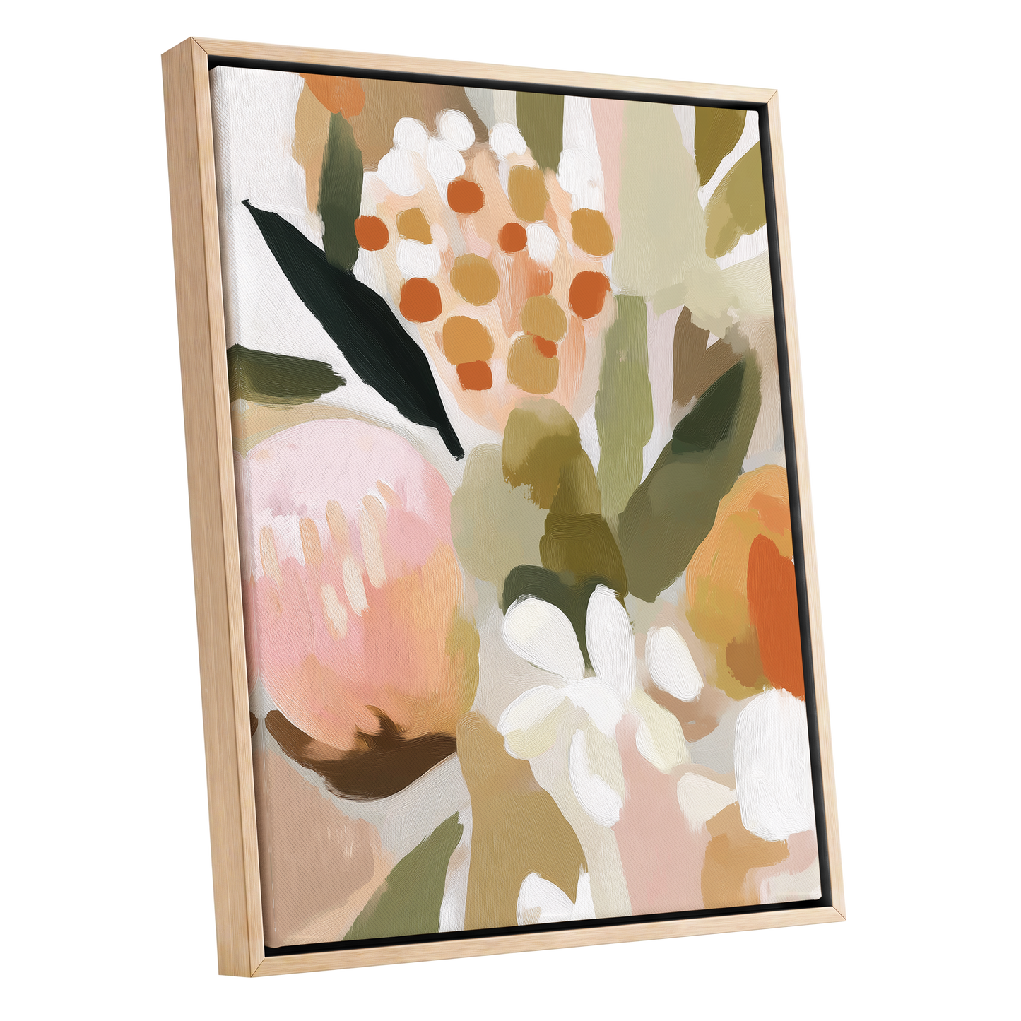 Seedheads and Soft Petals, pink, green, beige floral wall art shown as a oak framed canvas wall art
