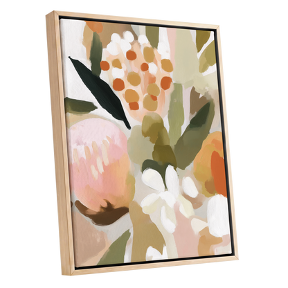 Seedheads and Soft Petals, pink, green, beige floral wall art shown as a oak framed canvas wall art