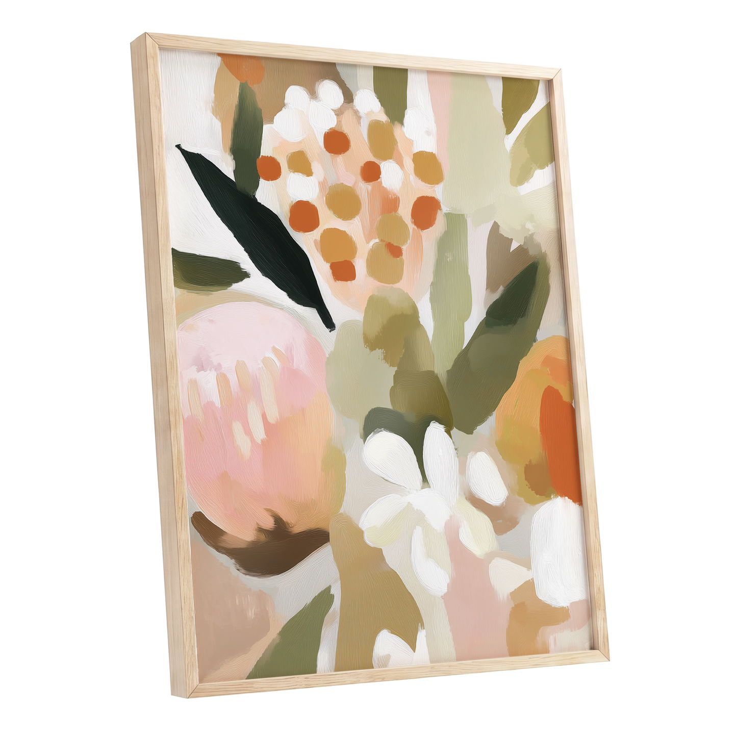 Seedheads and Soft Petals, pink, green, beige floral wall art shown as a oak framed poster wall art print