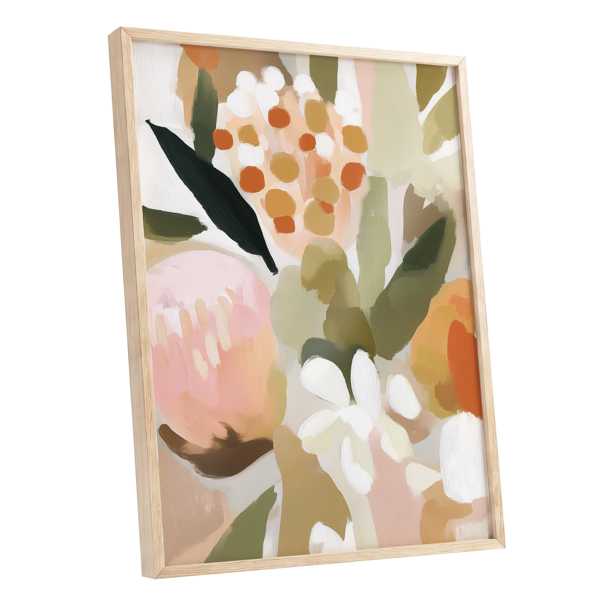Seedheads and Soft Petals, pink, green, beige floral wall art shown as a oak framed poster wall art print