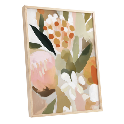 Seedheads and Soft Petals, pink, green, beige floral wall art shown as a oak framed poster wall art print