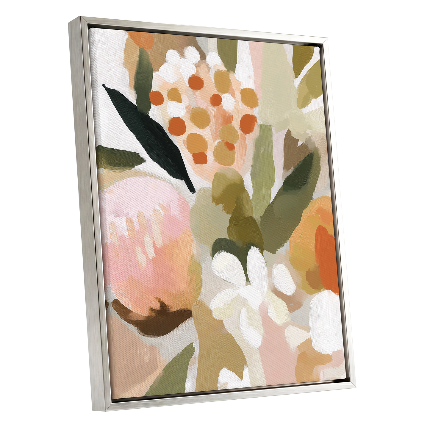 Seedheads and Soft Petals, pink, green, beige floral wall art shown as a silver framed canvas wall art