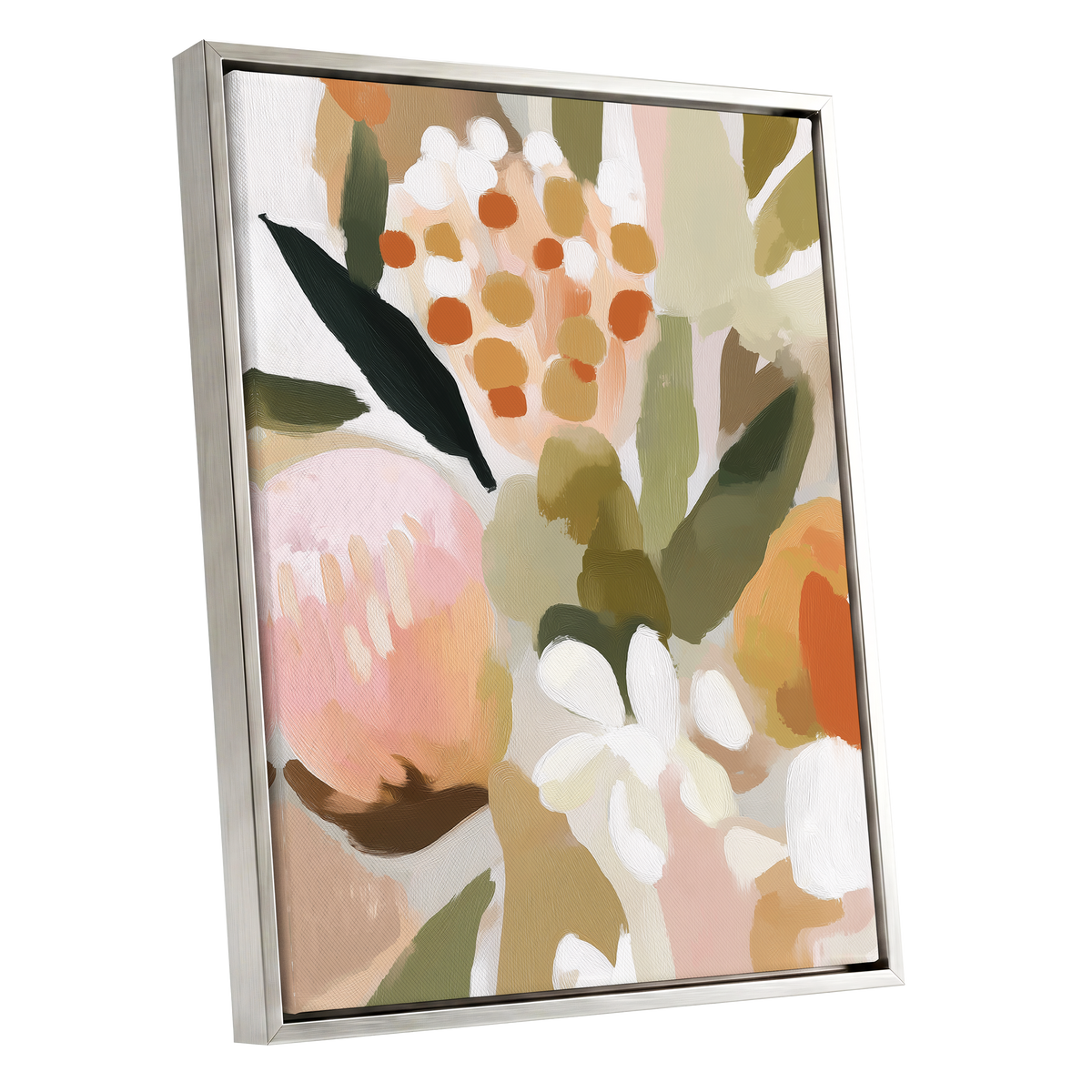 Seedheads and Soft Petals, pink, green, beige floral wall art shown as a silver framed canvas wall art