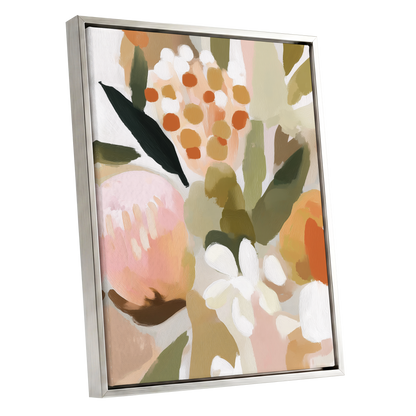 Seedheads and Soft Petals, pink, green, beige floral wall art shown as a silver framed canvas wall art