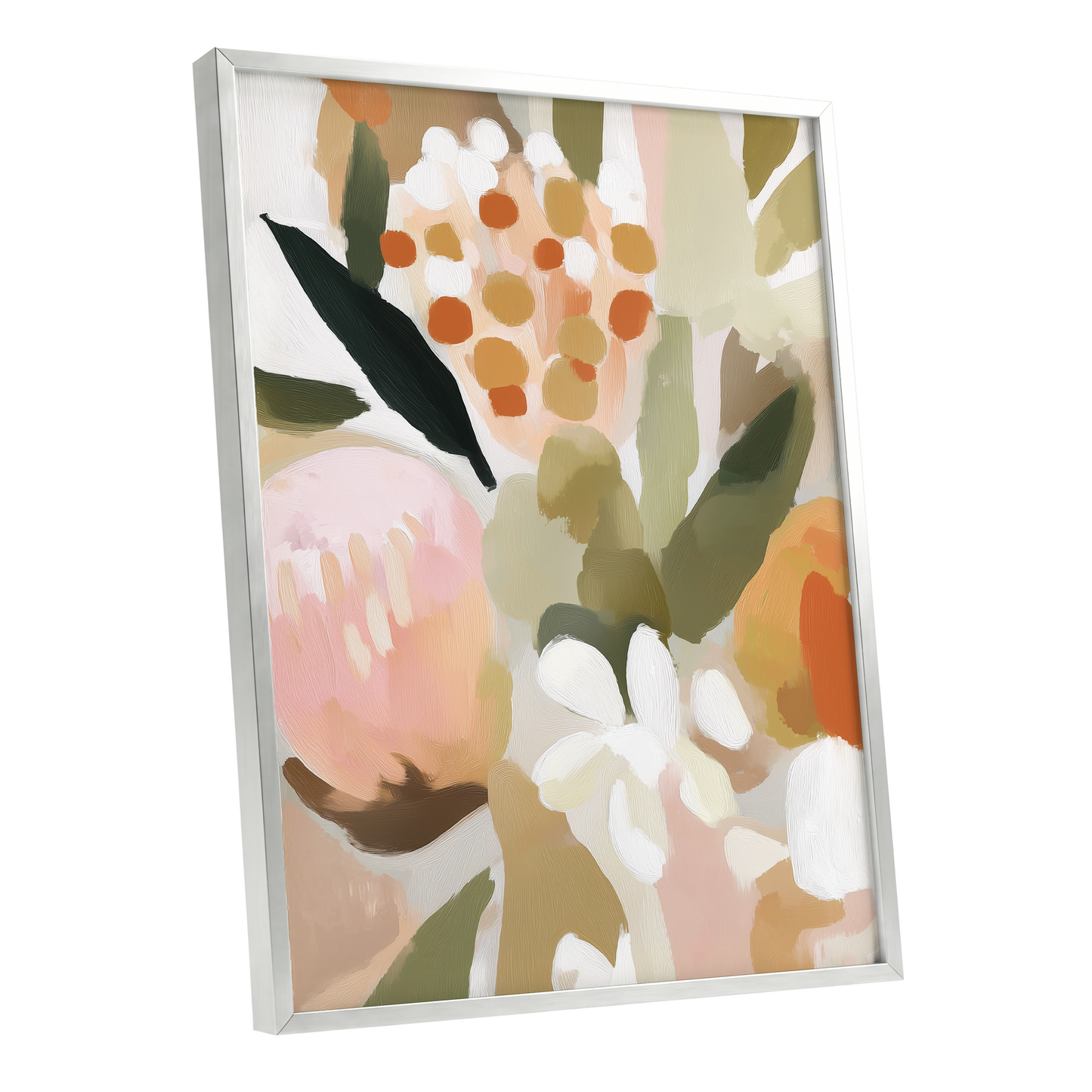 Seedheads and Soft Petals, pink, green, beige floral wall art shown as a silver framed poster wall art print